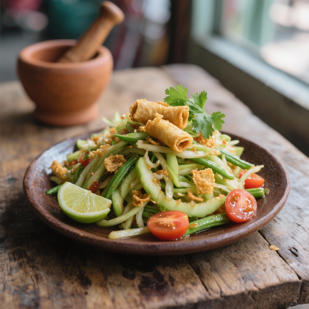 Green Papaya Salad with Crispy Spring Rolls (Som Tam Pao Thod)